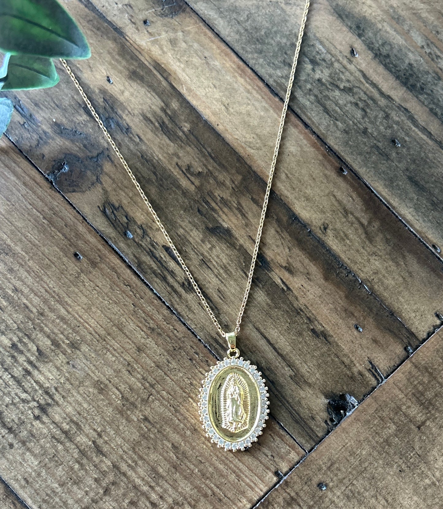 Our lady of Guadalupe gold oval rhinestone pendant necklace