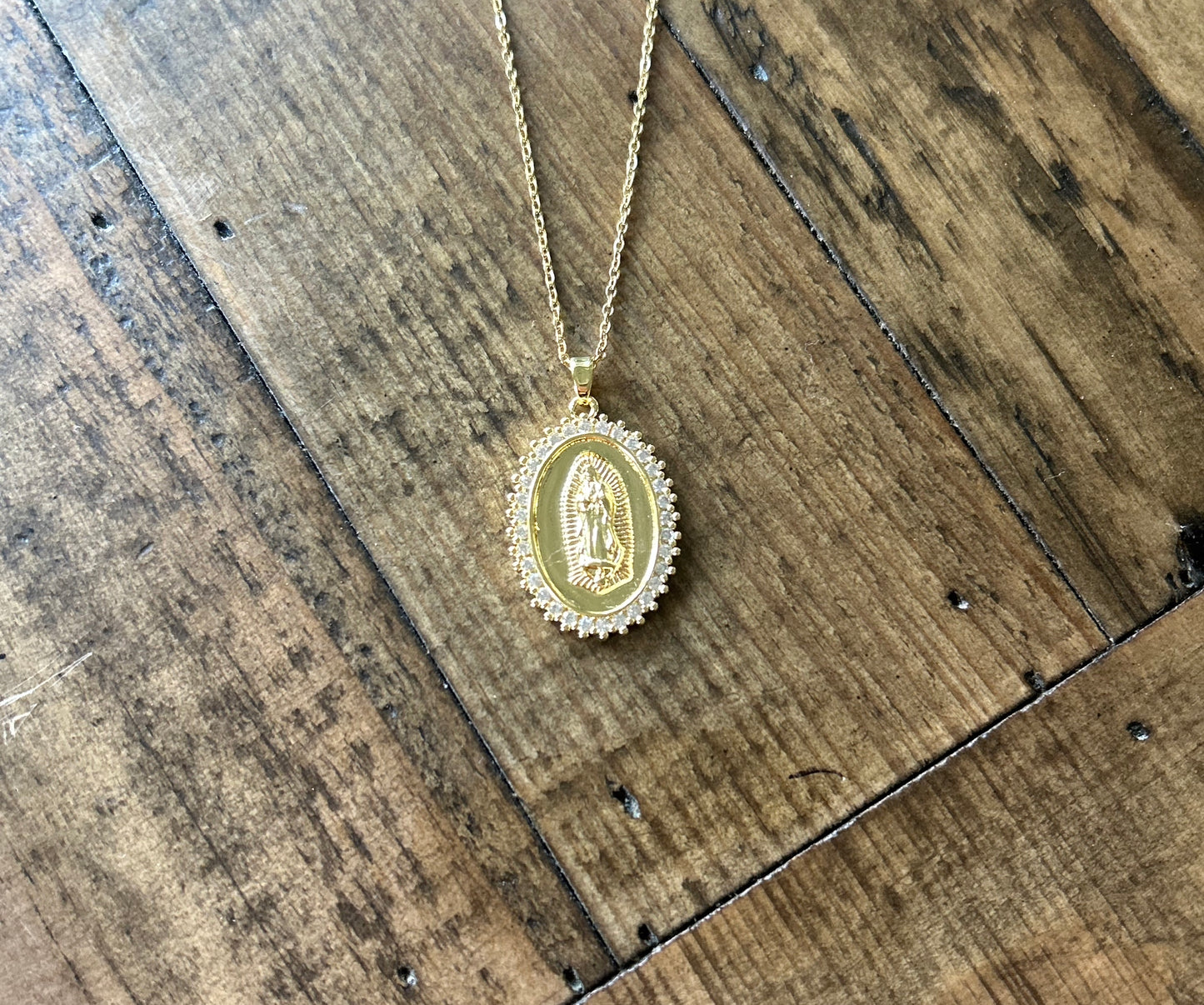 Our lady of Guadalupe gold oval rhinestone pendant necklace