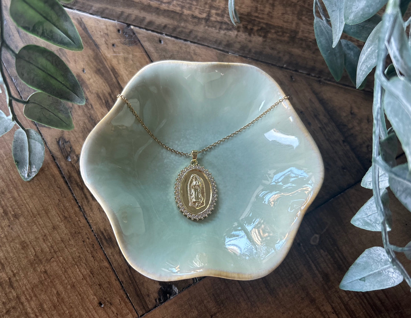 Our lady of Guadalupe gold oval rhinestone pendant necklace