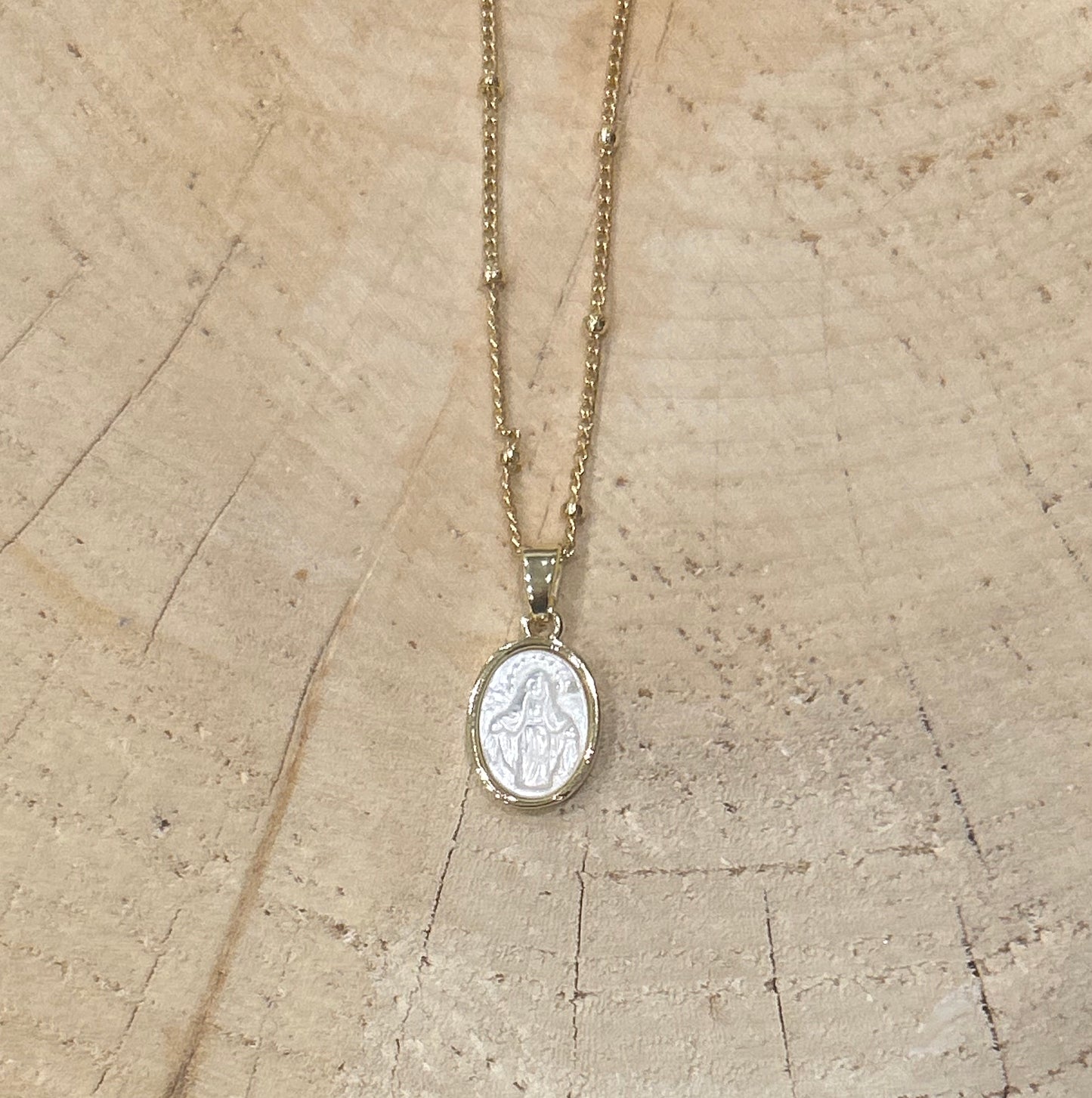 Small mother of pearl- Our Lady gold necklace