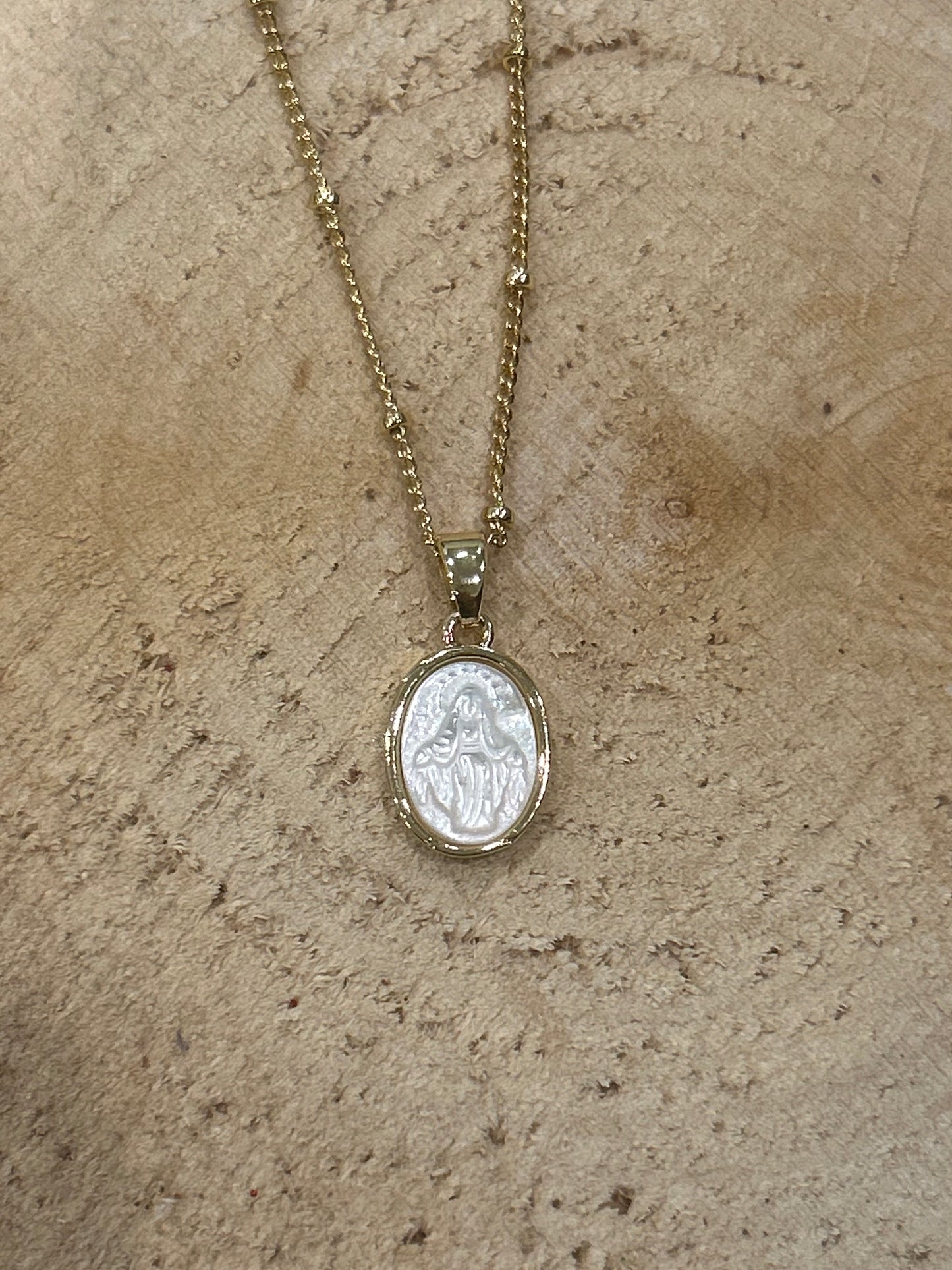 Small mother of pearl- Our Lady gold necklace