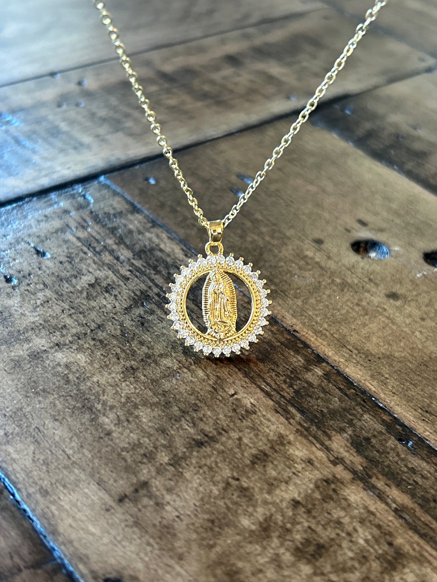 Our Lady of Guadalupe Rhinestone Pendant Necklace